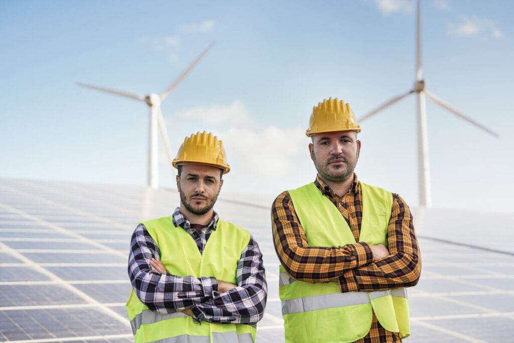 Two engineers in safety gear standing before solar panels with Micro Inverters and wind turbines.