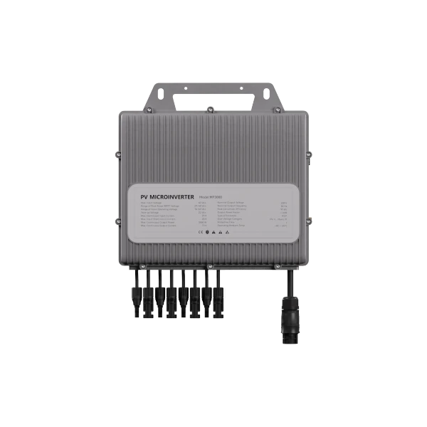 Micro inverter for solar energy systems with visible wiring and connectors.