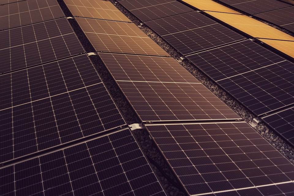 A diagonal view of solar panels with variegated brown tones, featuring an Easy Solar Kit.