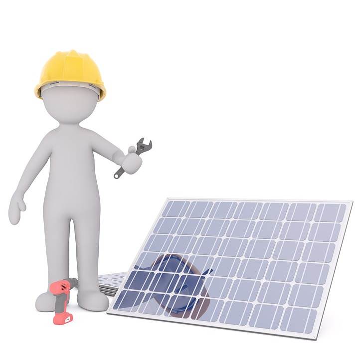 3d render of a figure with a hard hat and a tool standing next to an Easy Solar Kit with a micro inverter.