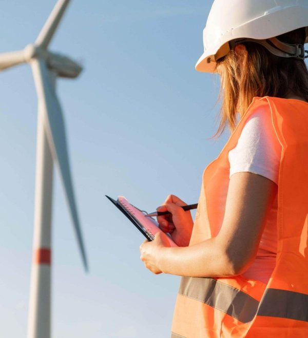 Engineer in reflective vest and helmet taking notes at wind farm with Micro Inverter.